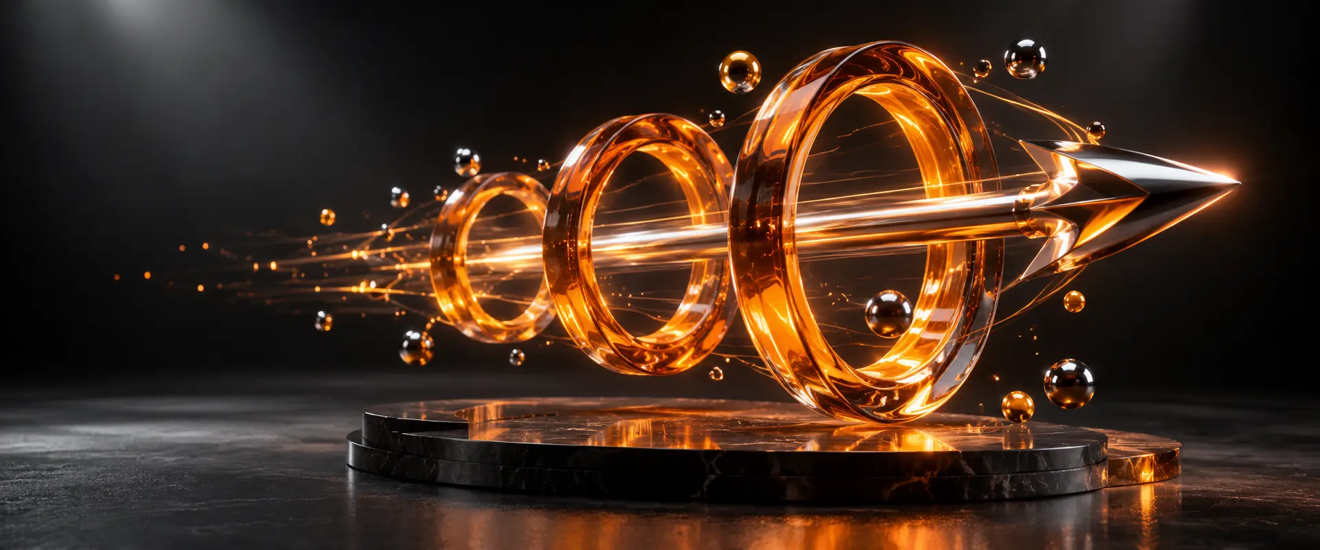 A 3D advertising composition featuring an arrow and glass rings